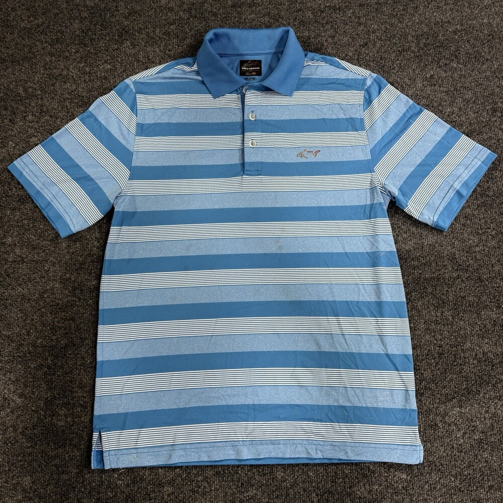 Greg Norman for Tasso Elba Mens L Blue Striped Golf Polo Shirt Play Dry Shark